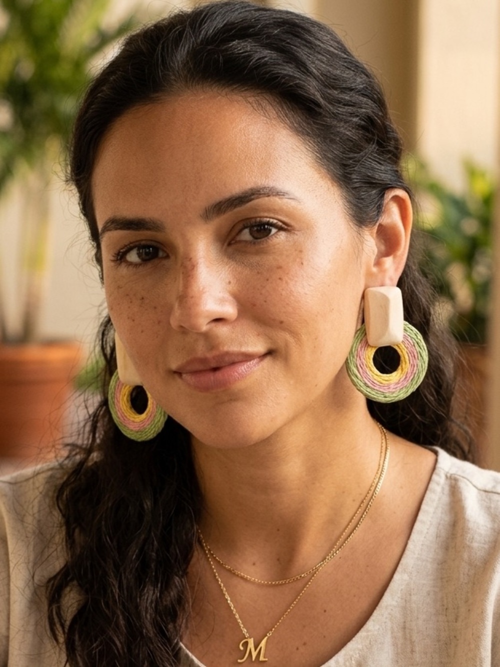 Bohemia Wood Straw Round Earrings